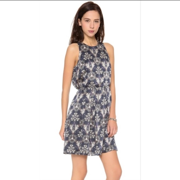 Rebecca Taylor Metallic Grey Kaleidescope Mini Dress Size 2 Navy Racerback Silk - Picture 2 of 8